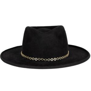 Polished Black Velour Felt Chain Trim Wide Brim Fedora