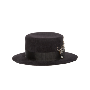 Modern Black Velour Felt Chain Trim Wide Brim Fedora